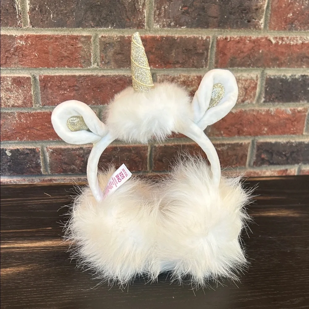 Justice For Girls Plush Unicorn Pompom Earmuffs white and gold NWOT